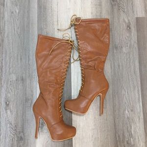 Tan faux leather lace up knee high heeled boots
